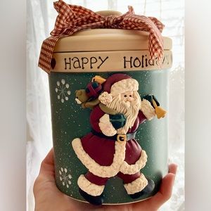 Ceramic Canister / Holiday Ceramic Canister / Christmas Canister / Santa / Green